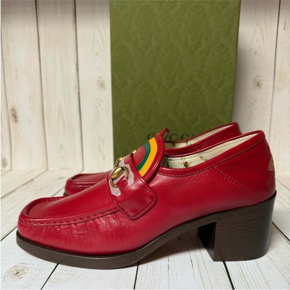 Gucci Red Leather Vegas Loafers Heels Pumps 39.5 - Picture 3 of 14